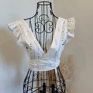 Luisa Positano White Eyelet Embroidered Wrap Crop Top - Made in Italy